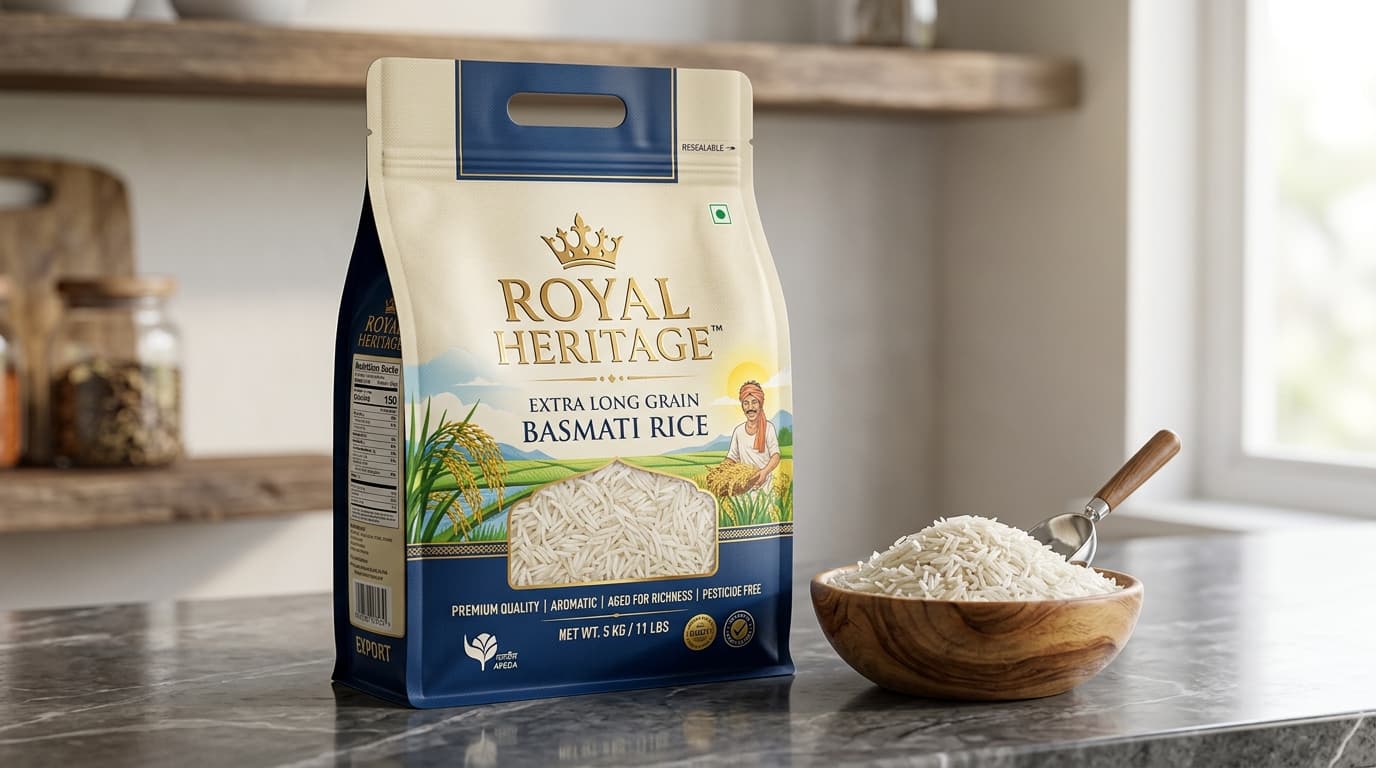 Indian Basmati rice in a 5 kg bag (AI-generated image)