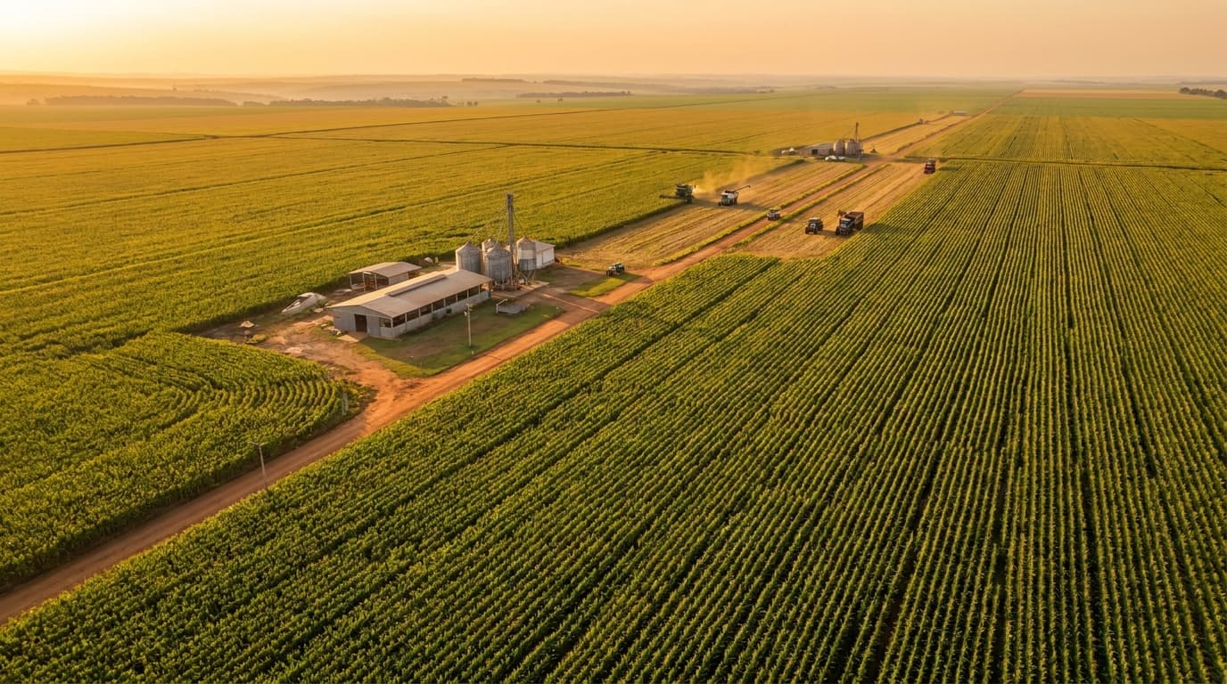 An aerial view of the vast Brazilian maize fields in Mato Grosso at golden hour (AI-generated image)