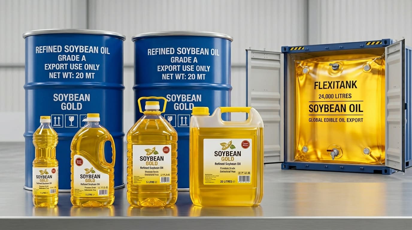 Présentation des emballages d’huile de soja raffinée, mettant en avant des formats prêts à l’exportation, y compris des bouteilles PET transparentes (1L, 3L, 5L et 20L) remplies d’huile de soja raffinée dorée, ainsi que des fûts (20–27 MT) et un flexitank de 24 000 L. (Image générée par IA)