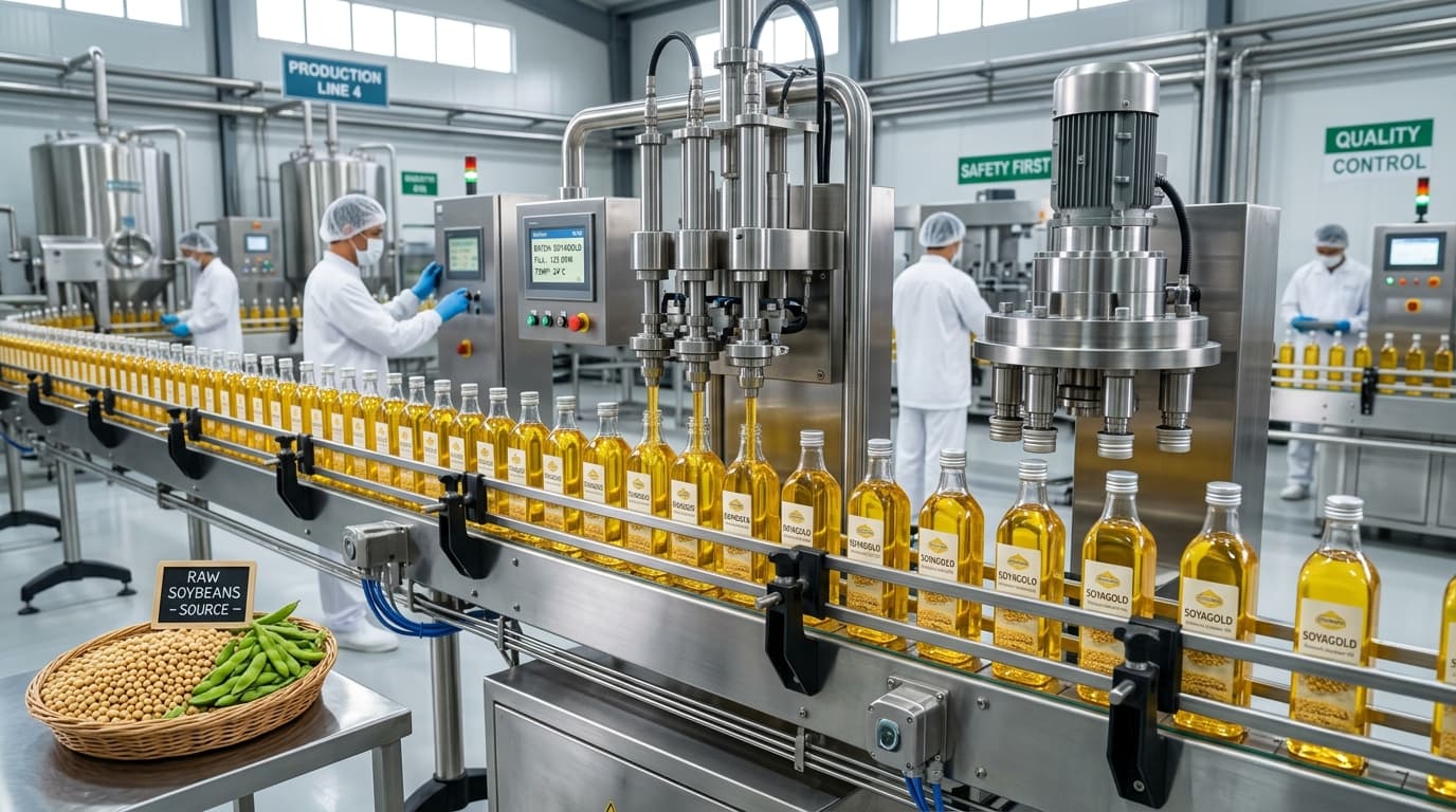 सोयाबीन तेल बोतलिंग लाइन (एआई द्वारा निर्मित छवि)