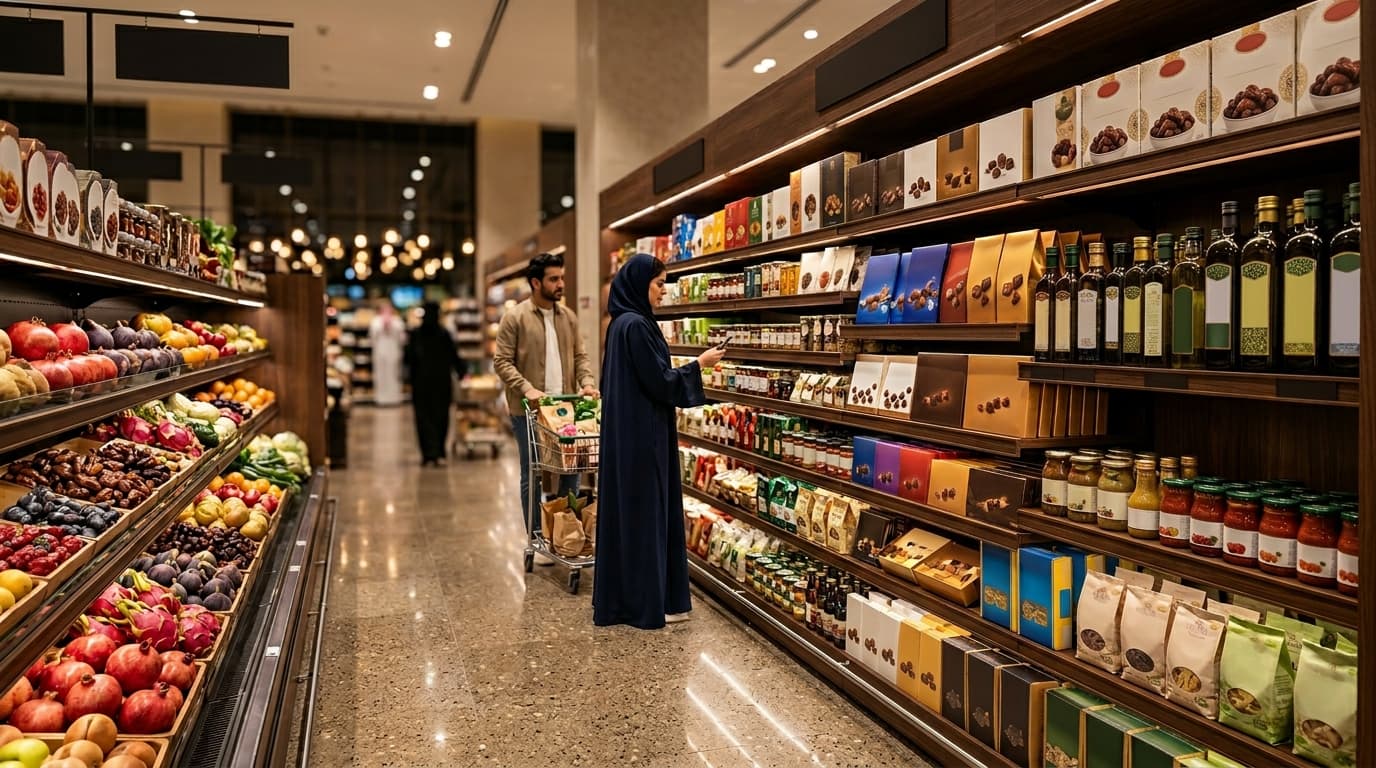 Middle Eastern supermarket aisle featuring imported premium produce and branded products (AI-generated image).