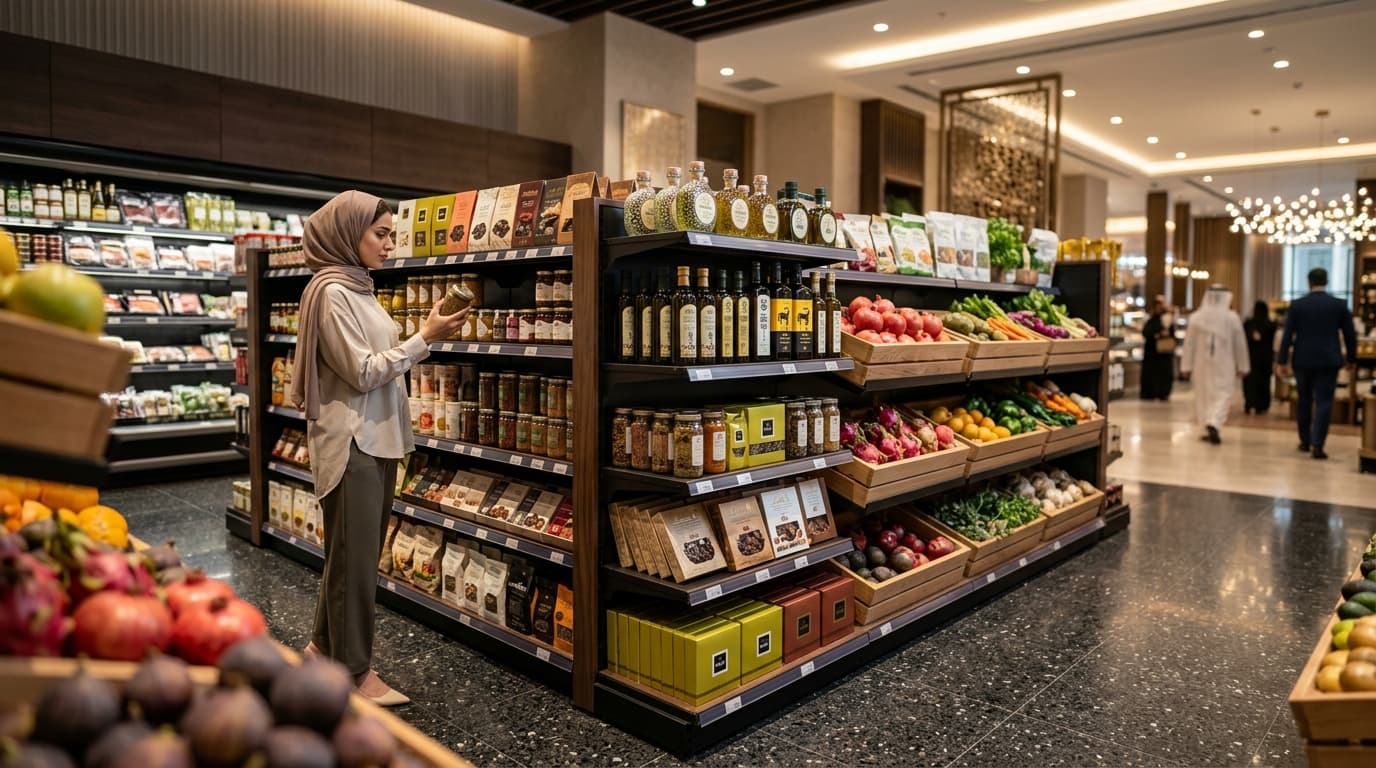 Allée de supermarché au Moyen-Orient présentant des produits importés haut de gamme et des produits de marque (image générée par IA).