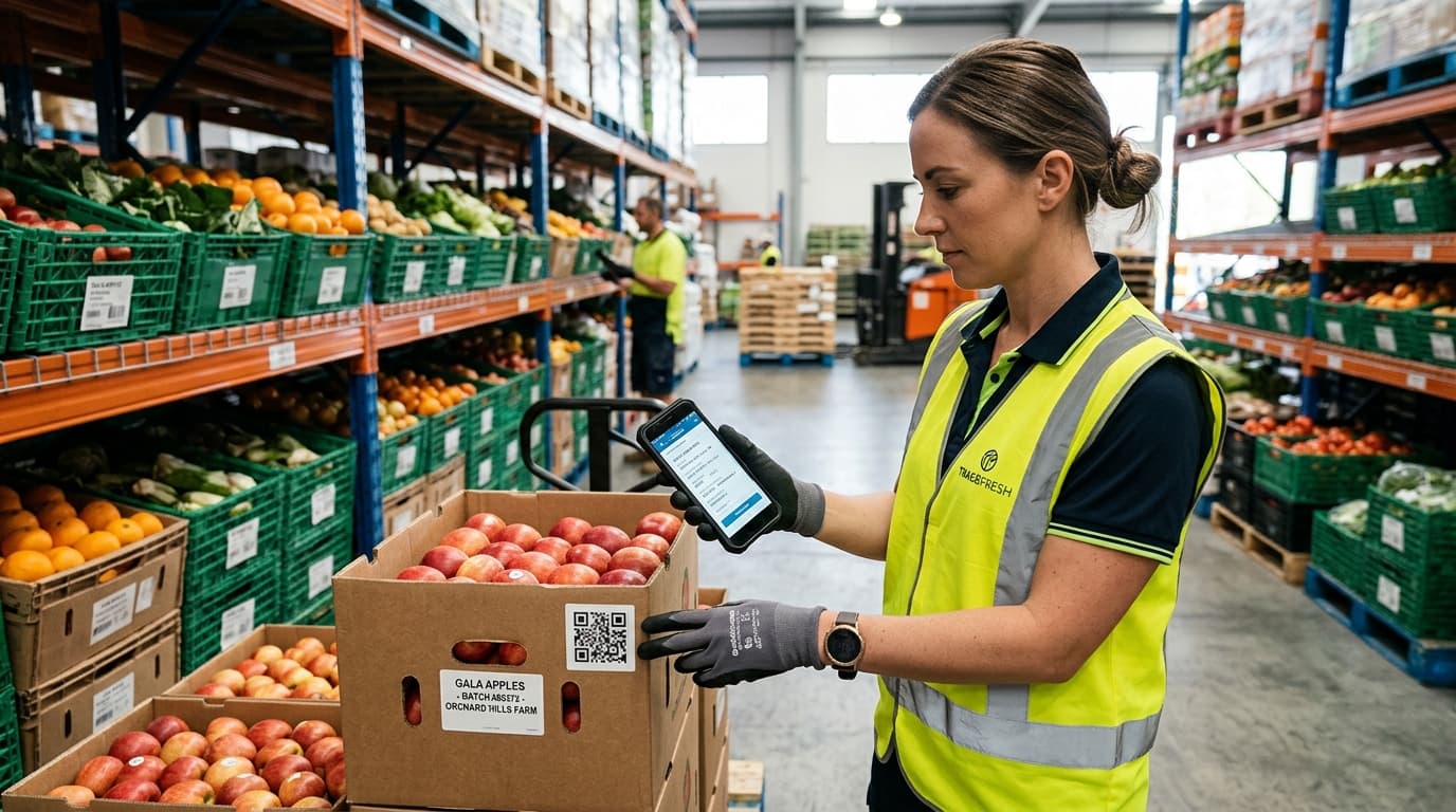 A digital traceability system showing QR code scanning on fresh produce (AI-generated image).