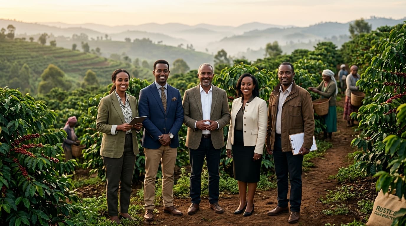 African agribusiness and cooperative executives standing together in a lush Ethiopian coffee plantation *(AI-generated image)*