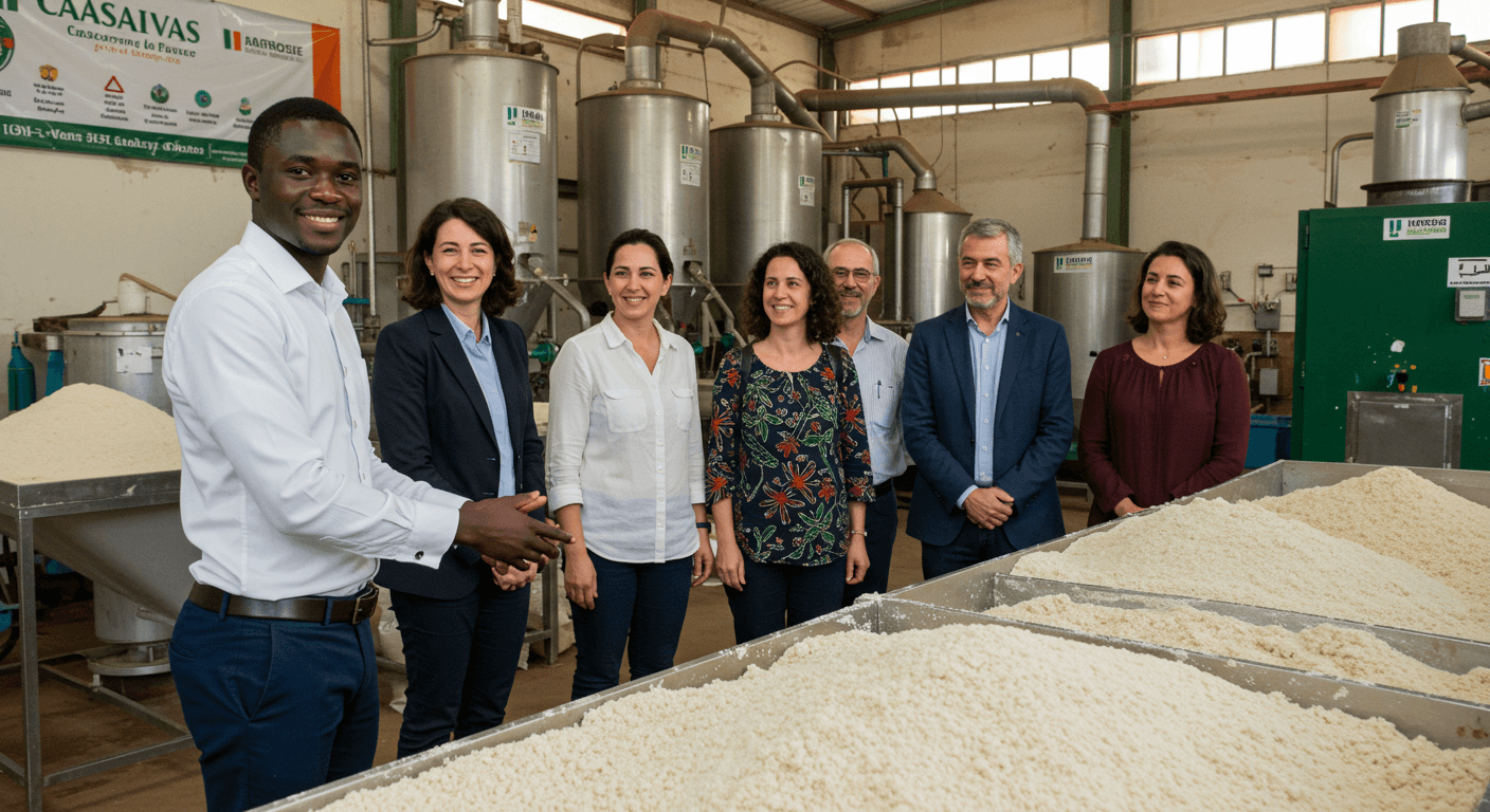Le propriétaire ivoirien d’une usine de farine de manioc a accueilli des dirigeants de l’agro-industrie espagnole pour une visite (image générée par IA).