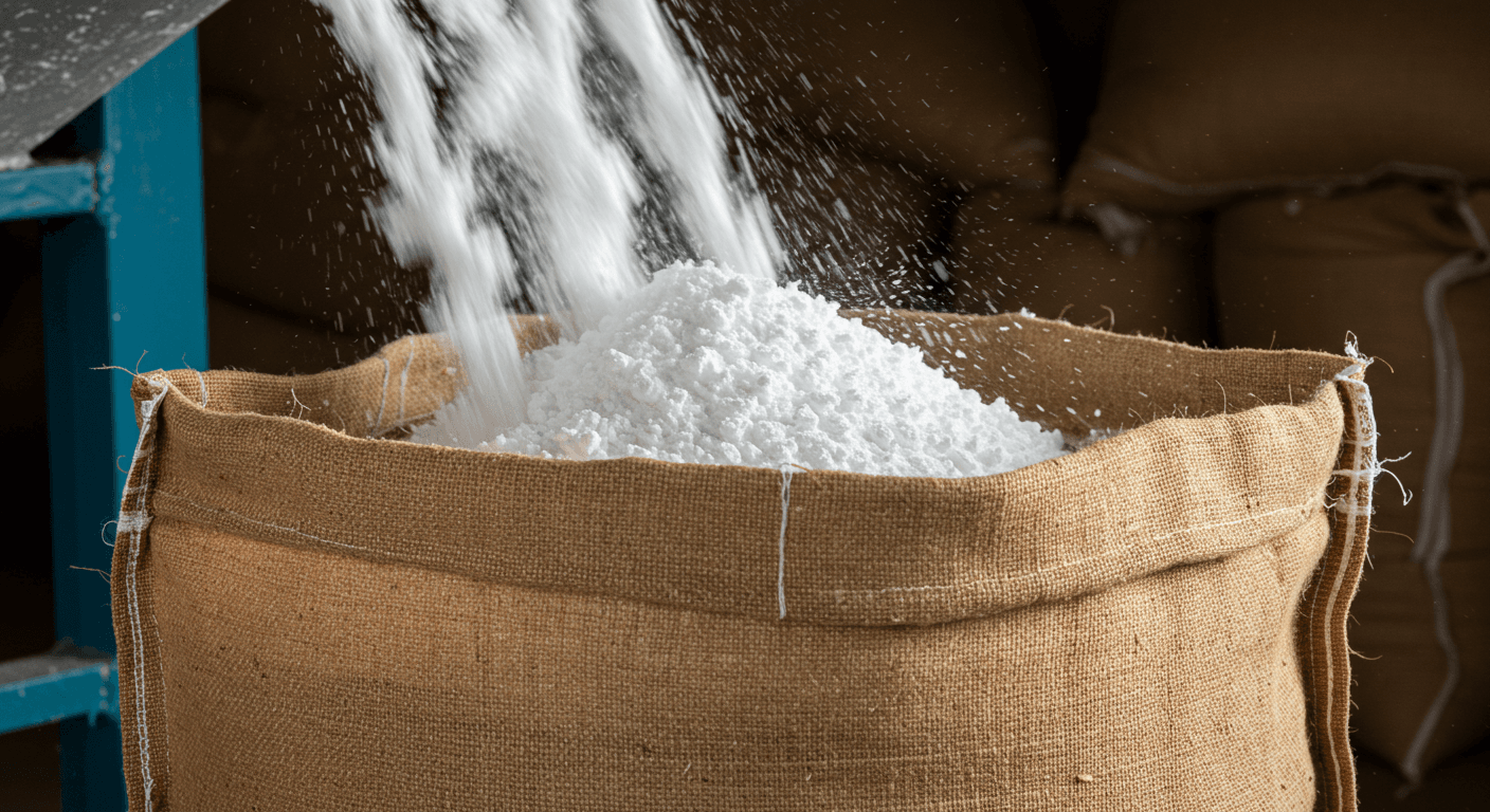 نشا الكسافا يتساقط في كيس وزنه 50 كغ (صورة مُولَّدة بواسطة الذكاء الاصطناعي).