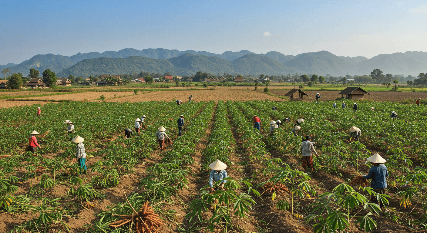 Colheita de mandioca no Laos (imagem gerada por IA)