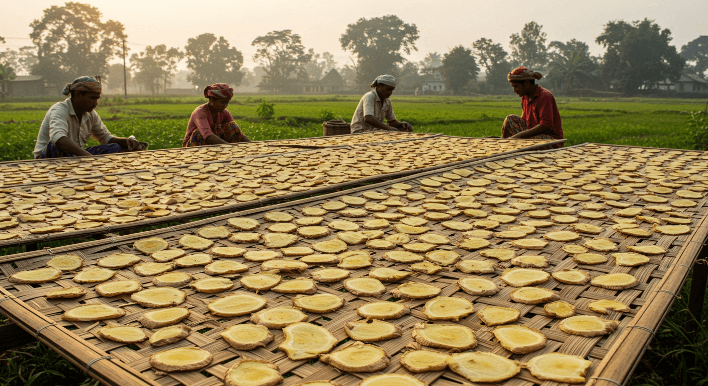 Des agriculteurs faisant sécher du gingembre tranché au Bangladesh (image générée par IA)