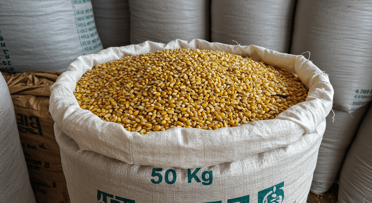 حبوب الذرة في كيس سعة 50 كجم في توغو (صورة مُولَّدة بواسطة الذكاء الاصطناعي)