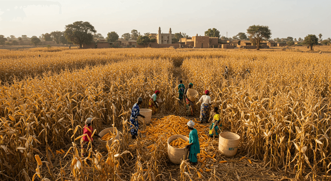 حصاد الذرة في مالي (صورة مُولَّدة بواسطة الذكاء الاصطناعي)