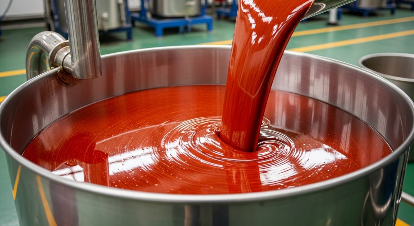 Ham palmiye yağı büyük bir paslanmaz çelik varilin içine akıyor (Yapay zekâ tarafından üretilmiş görüntü).