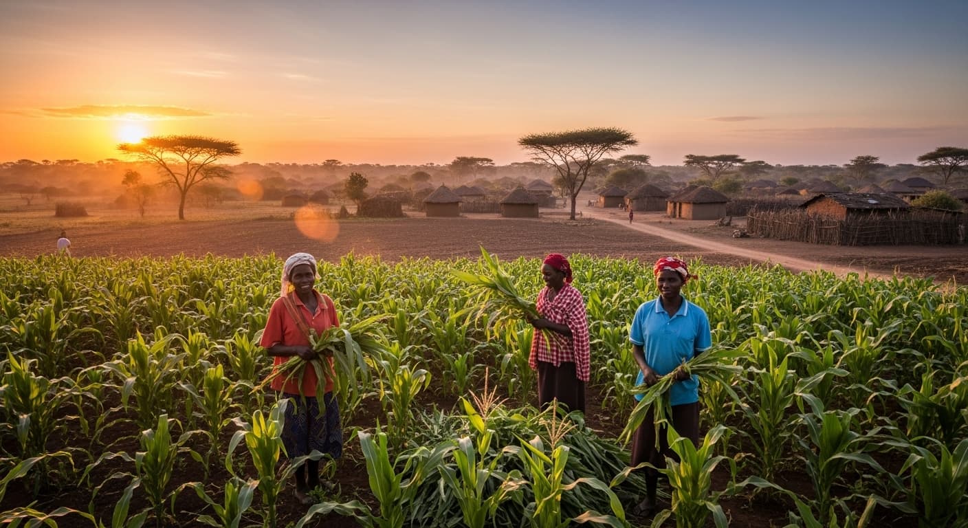 Agricultores trabajando en un campo de maíz en Kenia (imagen generada por IA).