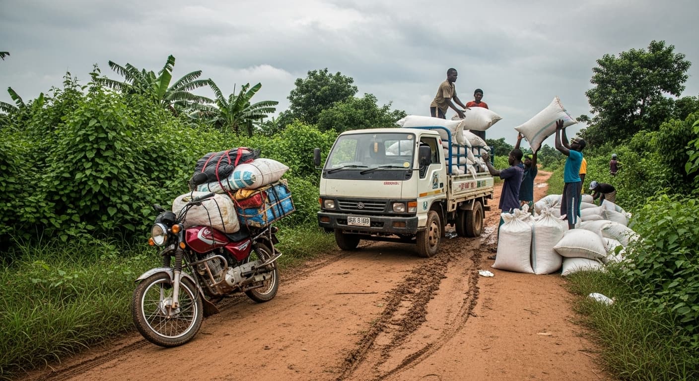 Una motocicleta sobrecargada y un pequeño camión están atascados en una carretera rural enlodada mientras los agricultores cargan sacos de maíz bajo un cielo nublado en Ghana (imagen generada por IA).
