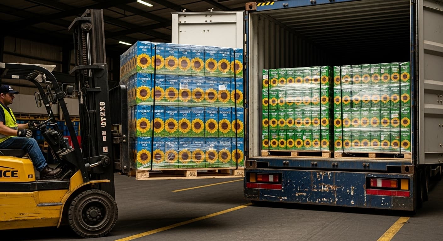 The pallets of sunflower oil cartons are loaded into a 20-foot container (AI-generated image)