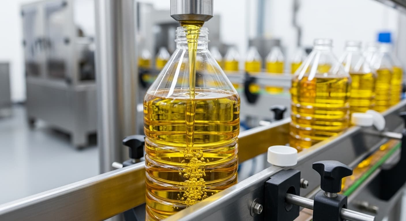 Sunflower oil filling a 5 L bottle on a bottling line (AI-generated image).