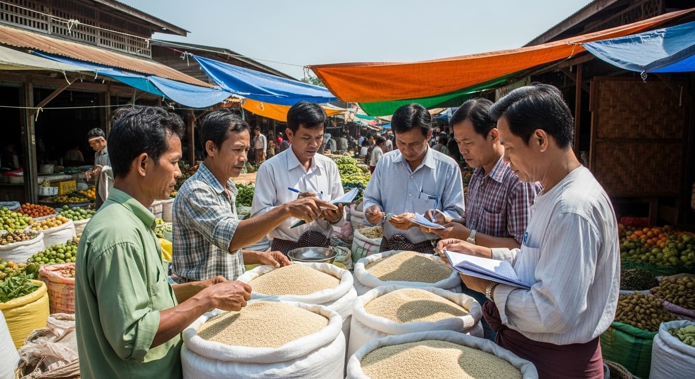 Escena de mercado con comerciantes y agricultores negociando la compra de sésamo en Myanmar (imagen generada por IA).