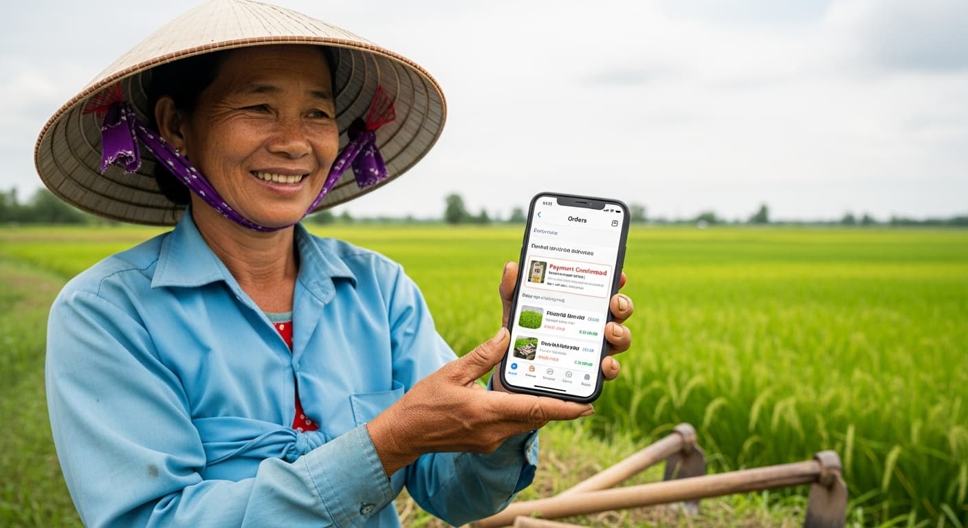 Un agricultor vietnamita sostiene un teléfono inteligente que muestra una interfaz sencilla de un mercado electrónico con pedidos y confirmaciones de pago (imagen generada por IA).