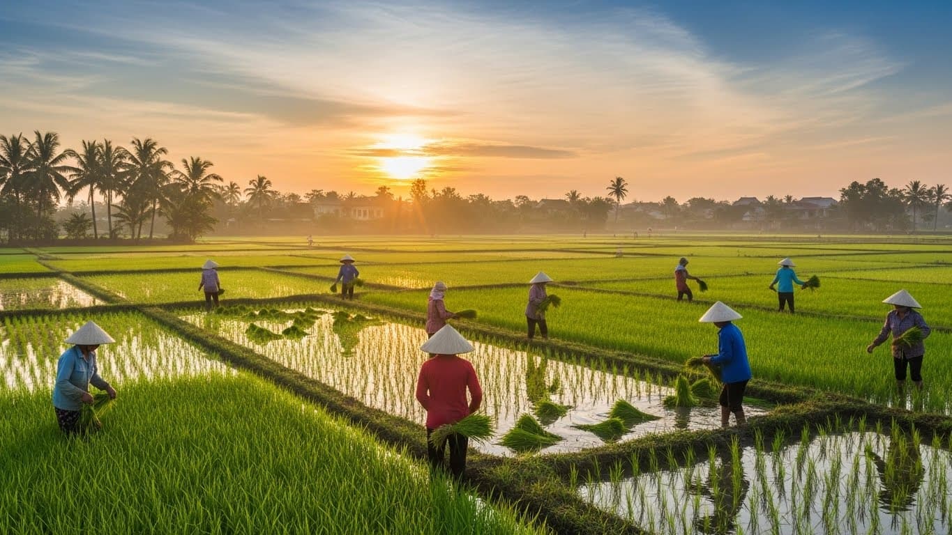 Agricultores vietnamitas trabalhando em um arrozal (imagem gerada por IA).