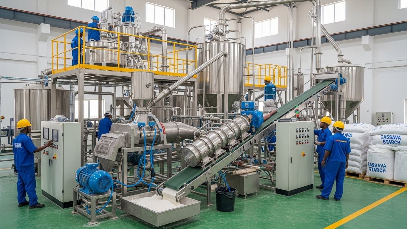 ナイジェリアのキャッサバ(タピオカ)澱粉生産ライン(AI生成画像)。