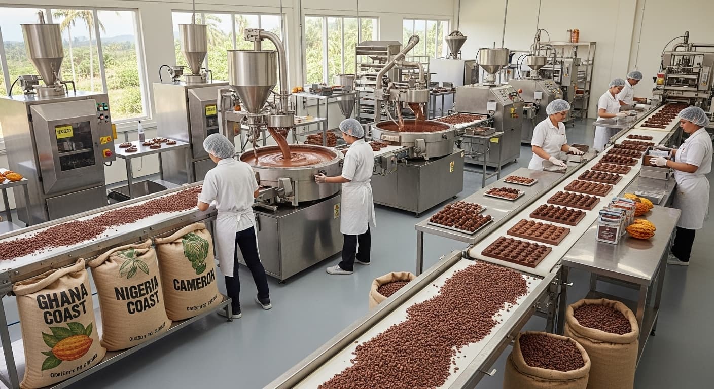 Chocolate production line using African cocoa beans (AI-generated image)