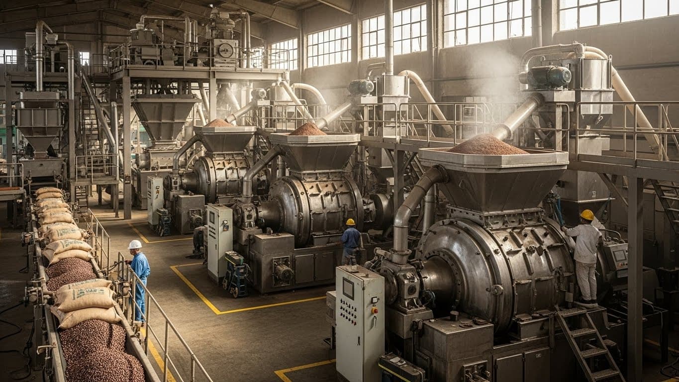 ココアパウダーを製造する工業施設(AI生成画像)。