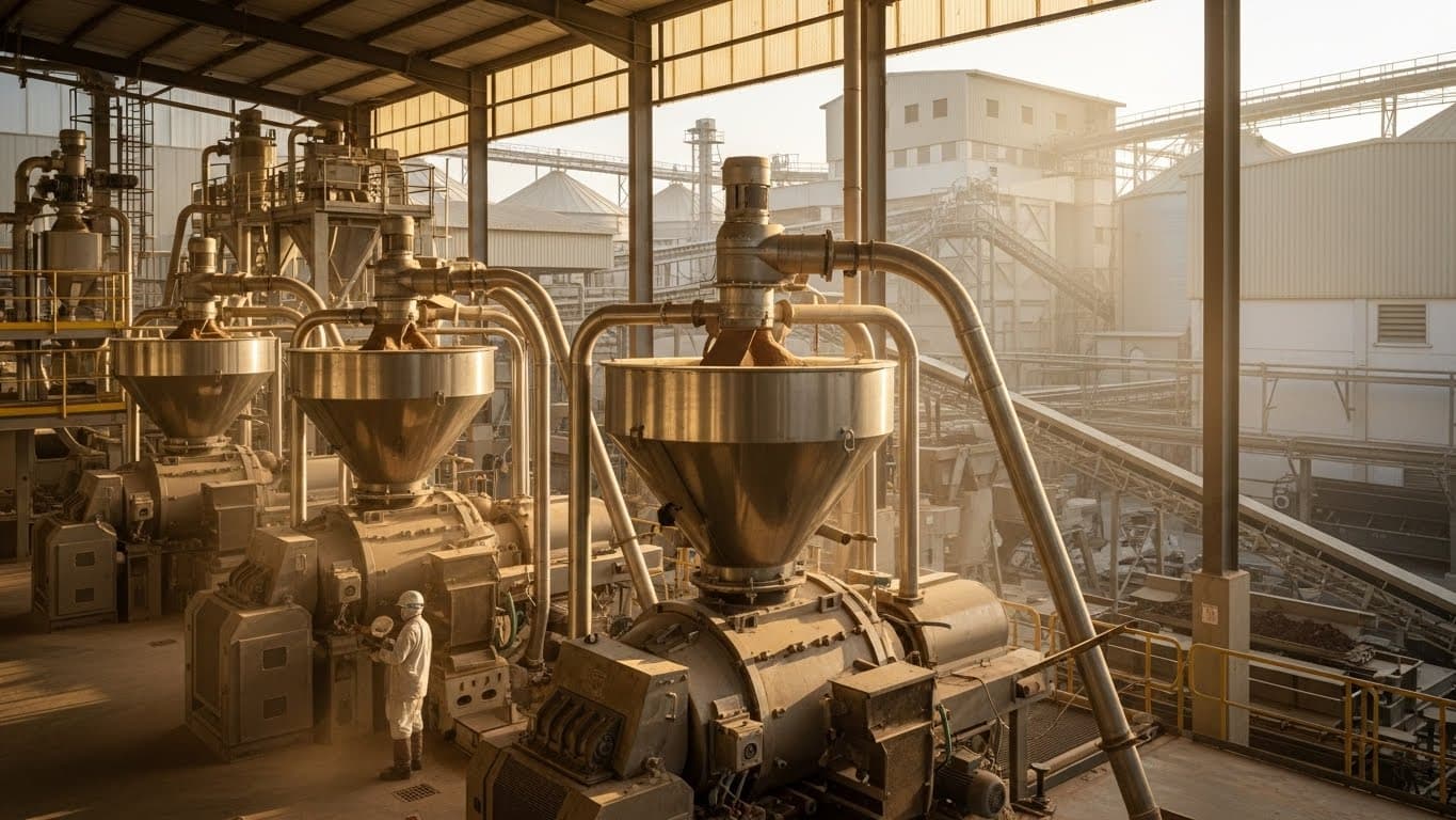 Installation industrielle produisant de la poudre de cacao (image générée par IA).