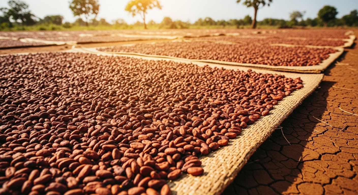 Cocoa beans drying under the sun in West Africa (AI-generated image)