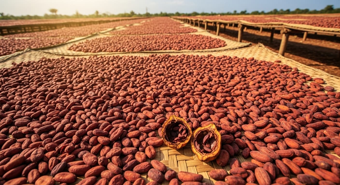 Hạt ca cao được phơi dưới ánh nắng mặt trời tại Tây Phi (hình ảnh do AI tạo ra)