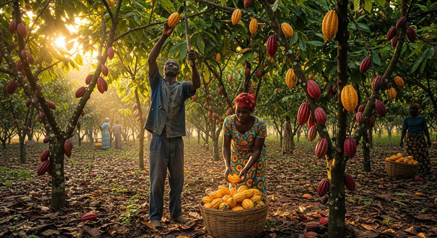 Nông dân ca cao Ghana đang thu hoạch những quả ca cao chín (hình ảnh do AI tạo ra)