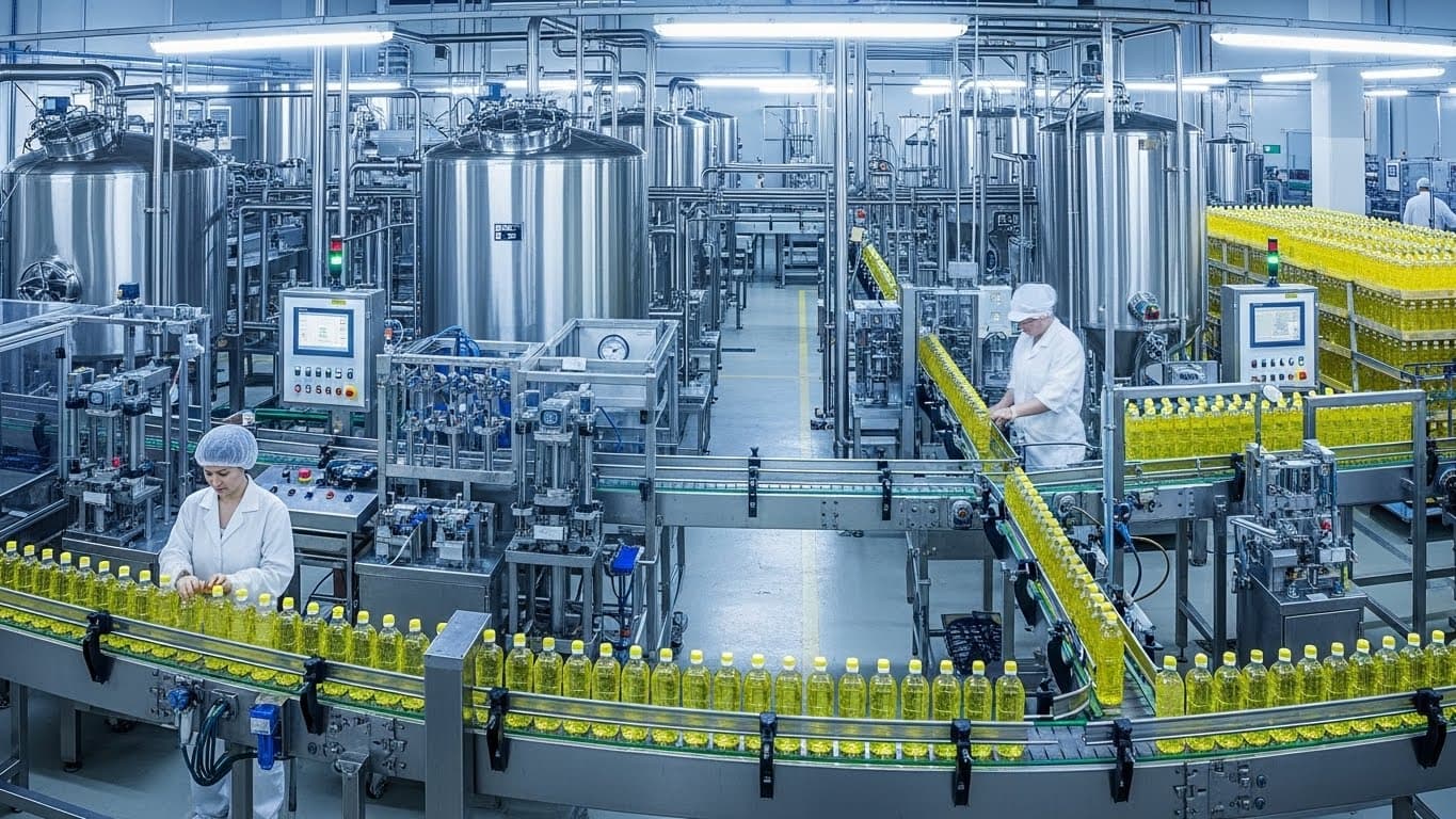 Ligne de production d'huile de tournesol raffinée (image générée par IA).