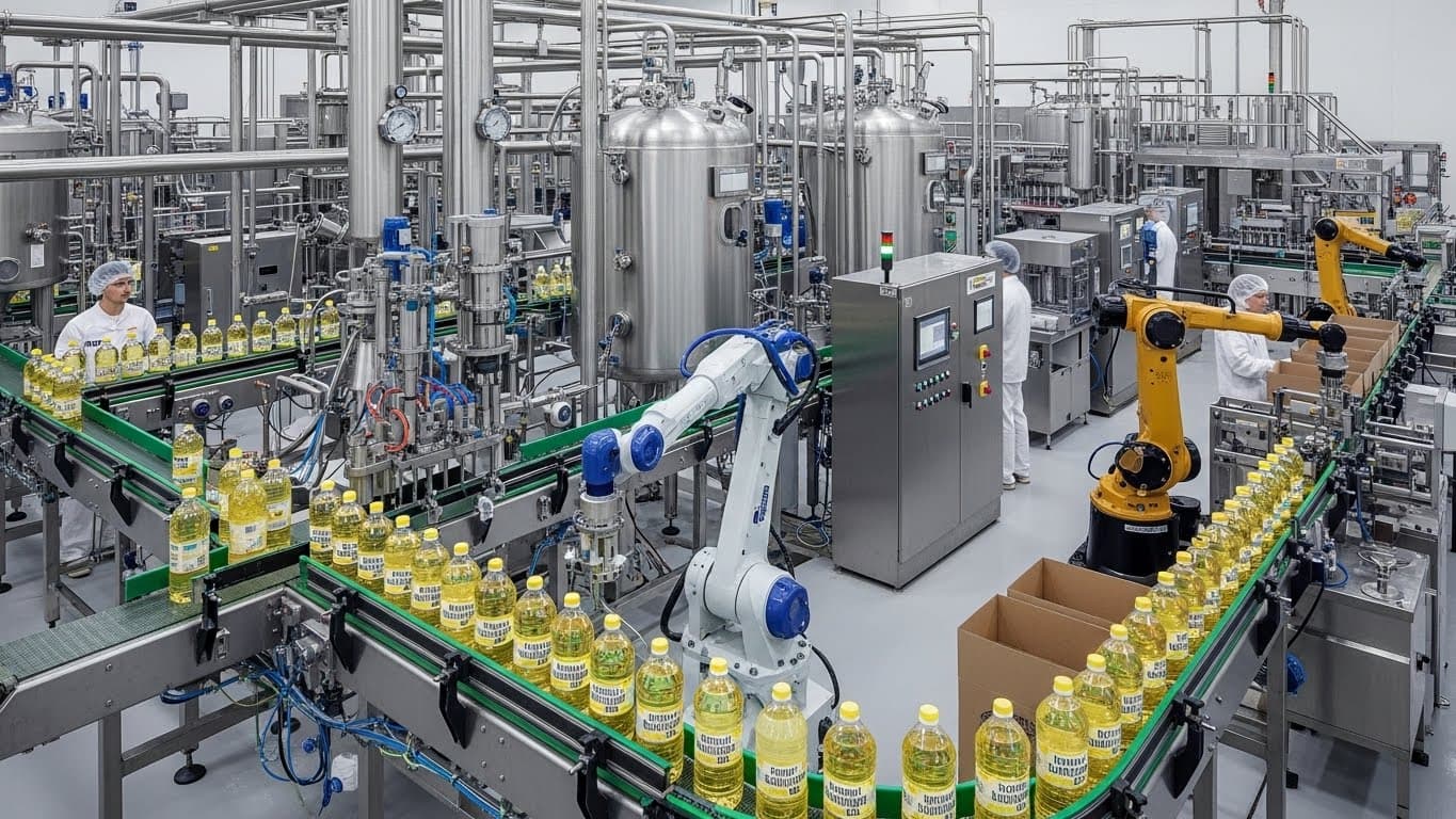 Linha de produção de óleo de girassol refinado (imagem gerada por IA).