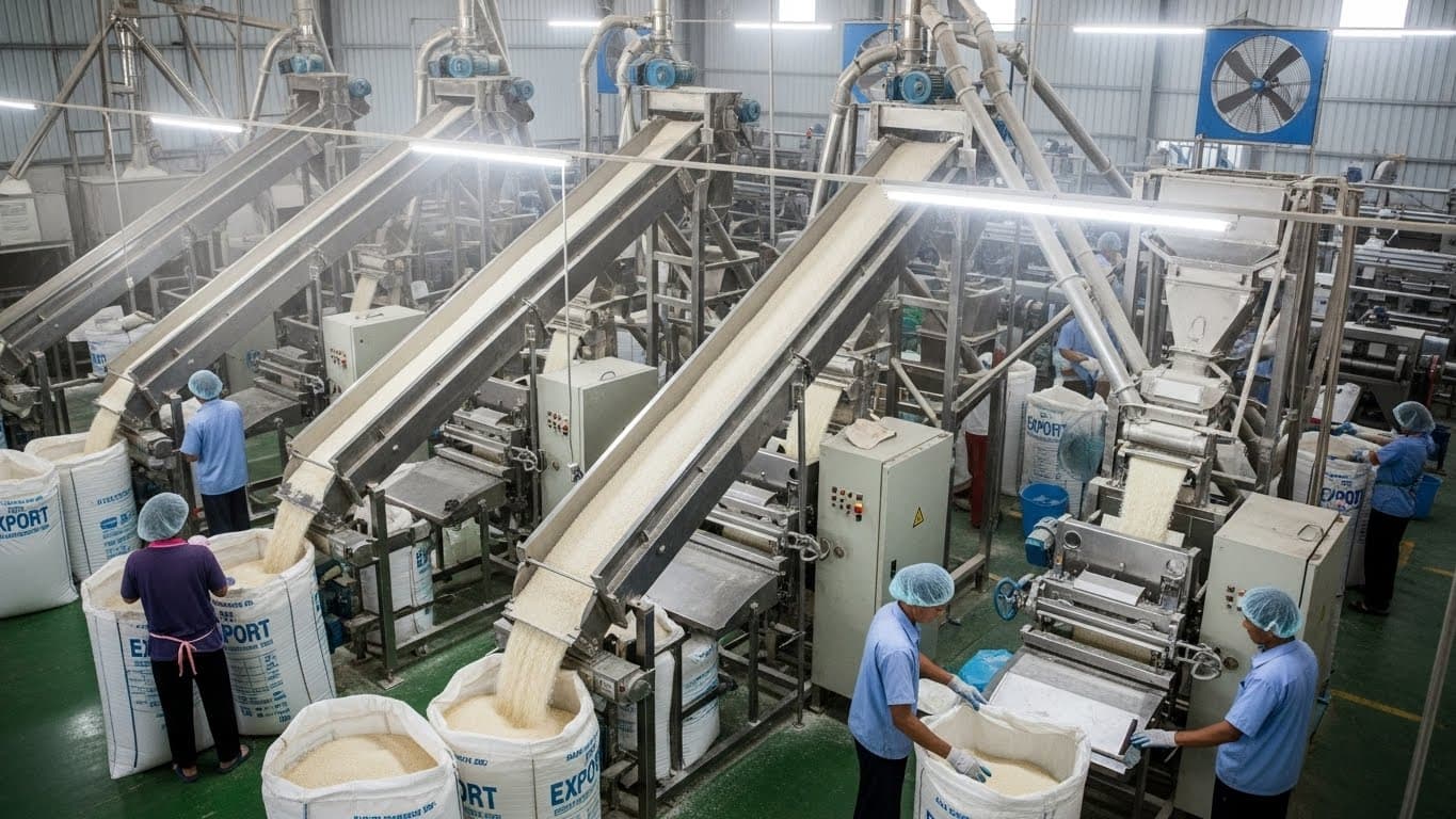 Interior de uma usina de beneficiamento de arroz, com correias transportadoras levando arroz polido para sacos de exportação. (Imagem gerada por IA)