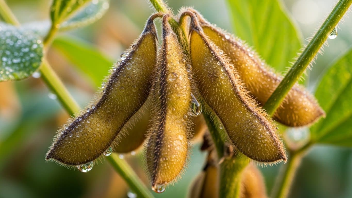Gros plan macro 4K de gousses de soja mûres sur la plante avec de la rosée matinale (image générée par l’IA).