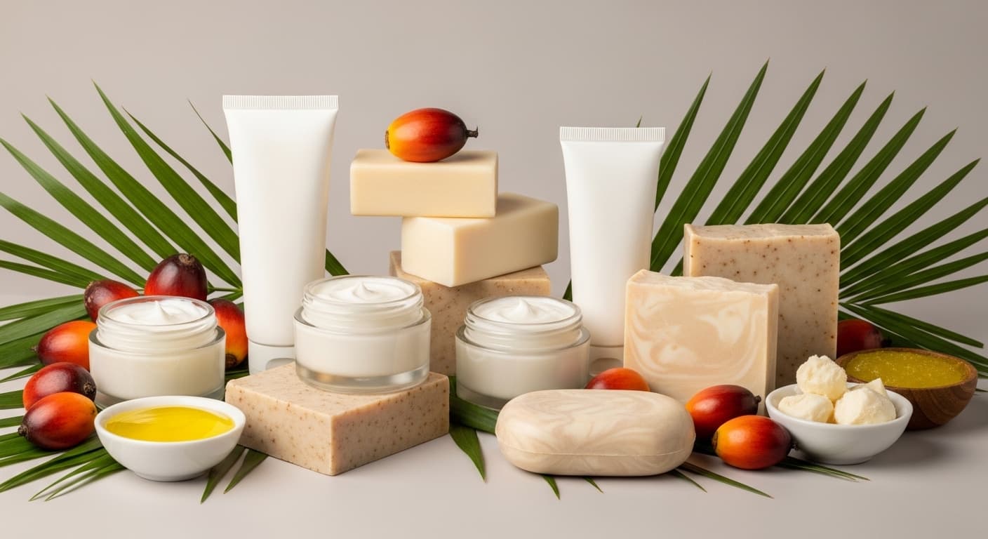 Palm yağı türevlerinden üretilen kozmetik kremler ve sabunlar (Yapay zekâ tarafından oluşturulan görsel)