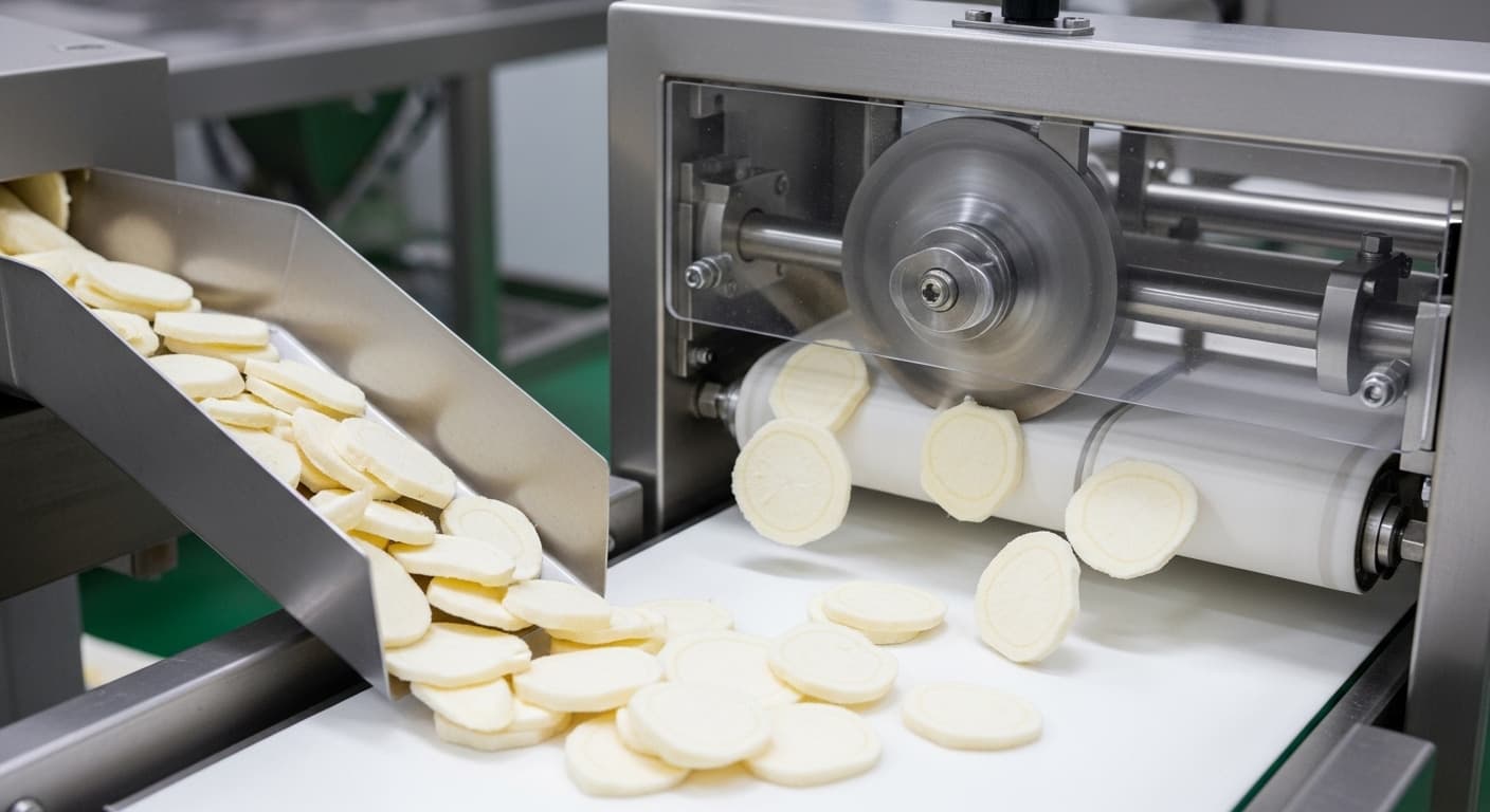 Una línea de máquina cortadora de yuca corta raíces de yuca peladas en rodajas redondas (imagen generada por IA)