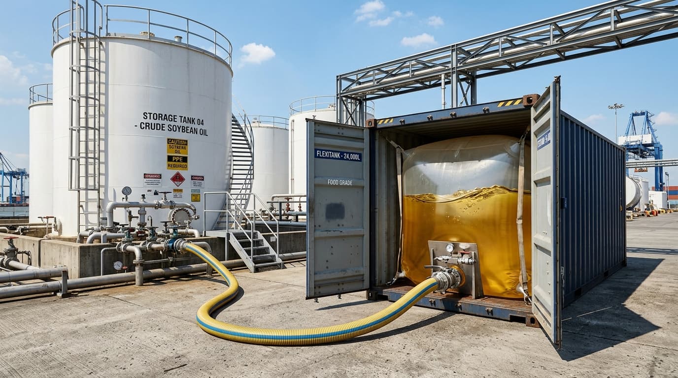 Surowy olej sojowy jest przelewany z dużego zewnętrznego zbiornika magazynowego do elastycznego zbiornika o pojemności 24 000 litrów (obraz wygenerowany przez AI).