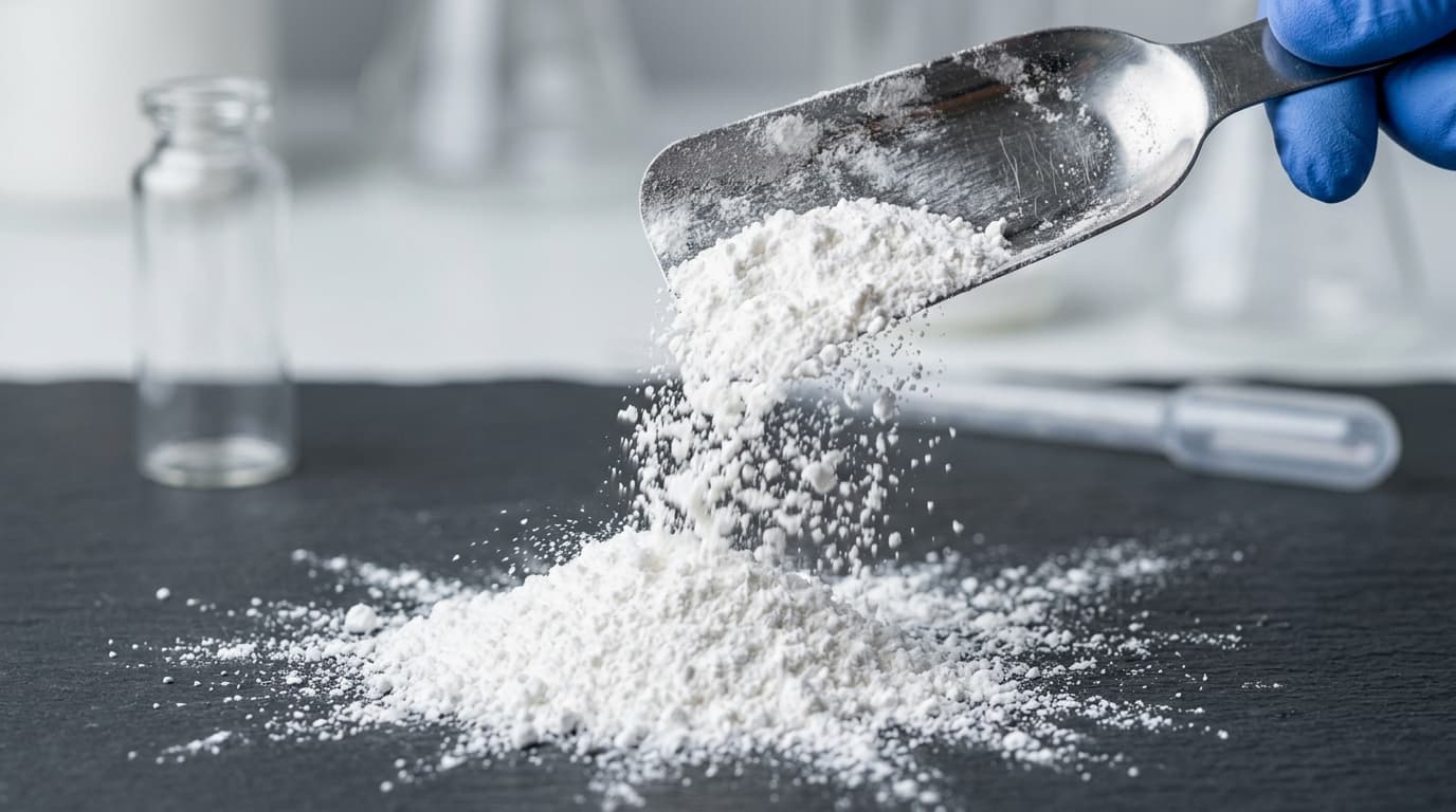 Fine poudre blanche d’amidon de manioc se déversant d’une cuillère de laboratoire sur une surface propre. (Image générée par IA)